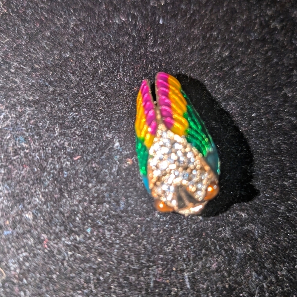 Unique Brightly colored crystal and enamel cicada brooch